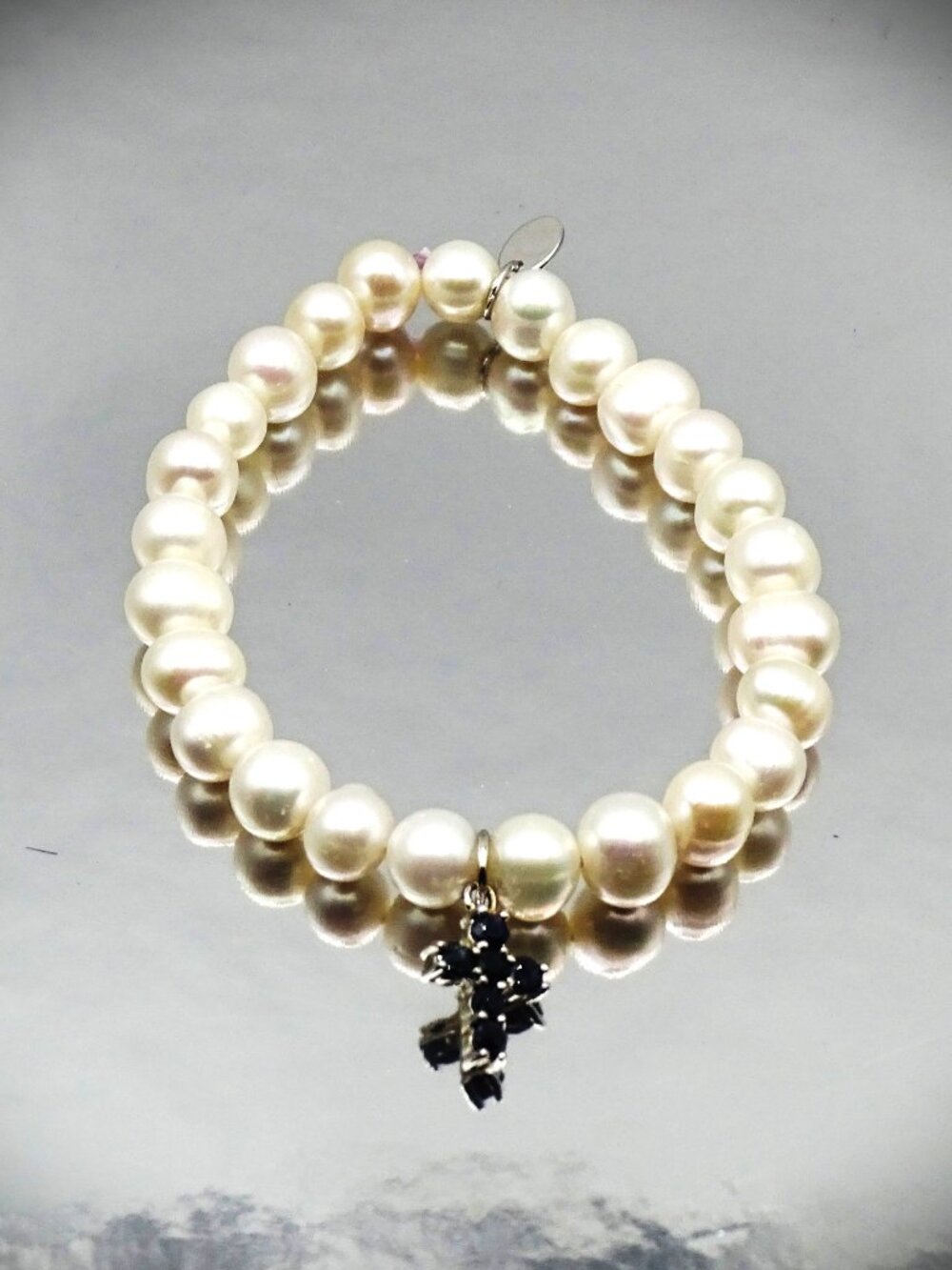 PHILLIP GAVRIEL Silver Rhodium Finish  White FW Pearls & Sapphire Charm Bracelet